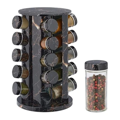 Image of Relaxdays Spice Rack, 20 Glass Jars, Rotatable, Stainless Steel, H x D: Approx. 33.5 19.5 cm, Marble Optic, Black