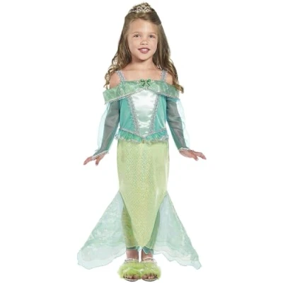 Image of Smiffys Mermaid Princess Costume, Green Dress with Sleeves, Girls Fancy Dress, Up Costumes