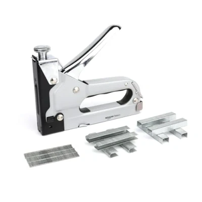 Image of Amazon Basics Heavy Duty Staple Gun, 3 in 1 Stapler with 600 Piece Staples, for Upholstery, Home Repair, Carpentry, Decoration and Furniture, Black/Silver