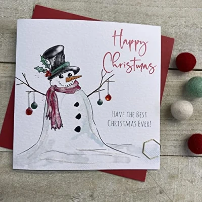Image of WHITE COTTON CARDS SNOWMAN CHRISTMAS CARD, HANDMADE (C22 2 &amp; XC22 2)