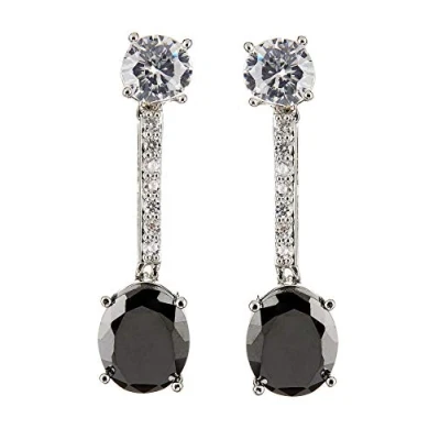 Image of Clip On Earrings Silver Plated Dangle Earring With A Black Stone And Clear Crystals Nadda
