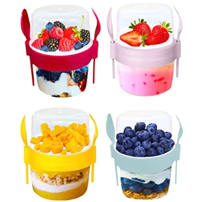 Image of VL 4PCs Yogurt Pots Reusable 500ml Overnight Oats Container with Spoon &amp; Fork BPA free Breakfast to Go Cereal On the Dishwasher Safe Lunch Box Oatmeal Jars Set of 4 (Red, Pink, Grey, Yellow)