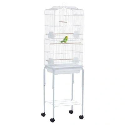 Image of PawHut Bird Cage Budgie Cages for Finch Canary Parakeet with Stand Wheels Slide out Tray Accessories Storage Shelf, White 46.5 x 36 157 cm
