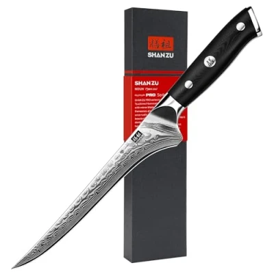 Image of SHAN ZU Damascus Filleting Knife 7 Inch, Japanese Boning 67 Layers Professional Fish Sharp High Carbon Super Steel Kitchen with Ergonomic G10 Glass Fiber Handle