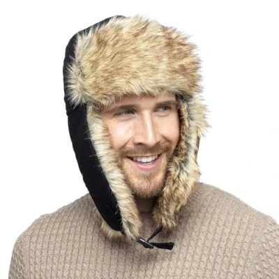 Image of A2Z Mens Trapper Hat Faux Fur Trim Ear Flaps Hats Adjustable Clip Fastening Caps MH643 Black One Size