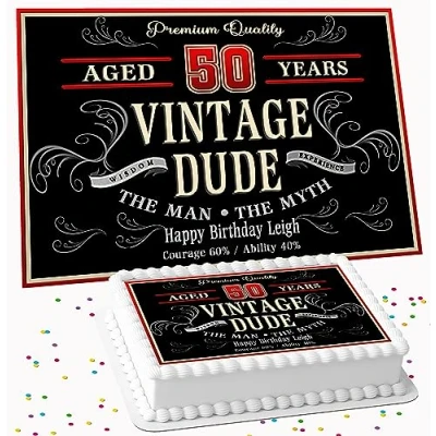 Image of VINTAGE DUDE RECTANGLE BIRTHDAY PERSONALISED ICING EDIBLE COSTCO CAKE TOPPER DECORATION R2 V