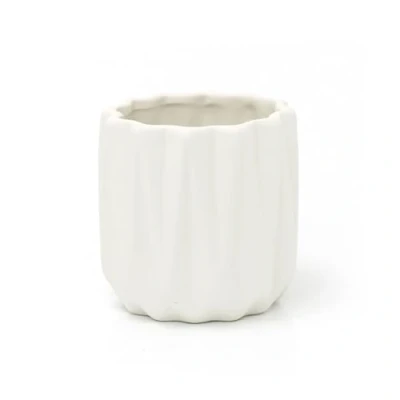 Image of Carousel Home White Ceramic Ribbed Plant Pot Decorative Cachepot Planter Indoor Flower Contemporary Geometric Small