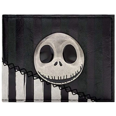Image of Nightmare Before Christmas Jack Outfit Striped Metal Emblem Wallet Bi Fold ID &amp; Card Holder, Black