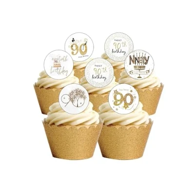 Image of 24 Precut Age 90 Ninety Ninetieth 90th Birthday Edible Wafer Paper Cake Toppers Decorations