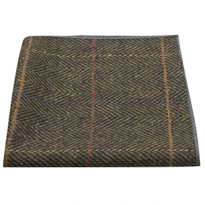 Image of King &amp; Priory Luxury Dark Olive Green Herringbone Check Pocket Square, Handkerchief, Tweed