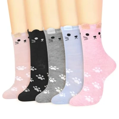Image of Vinsani 5 Pair Pack Cute Animal Print Socks Fun Colorful Cotton One Size Fits All Soft Breathable Comfortable Everyday for School Casual Wear (UK, Age, Size, Regular, Multicolor)