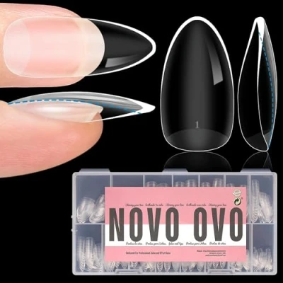 Image of NOVO OVO Extra Thick Almond Nail Tips Press on Natural Curve, Medium Soak Off Soft Gel Fake Extension, Full Cover Matte Cuticle False Nails for Acrylic French, Salon DIY x 14 Sizes 336 pcs