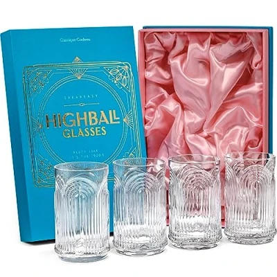 Image of GLASSIQUE CADEAU Vintage Art Deco 1920s Highball Gin Cocktail Glasses Set of 4 400 ml Tall Crystal Tumblers for Drinking Mojito, Whiskey Highball, Classic Long Bar Drinks