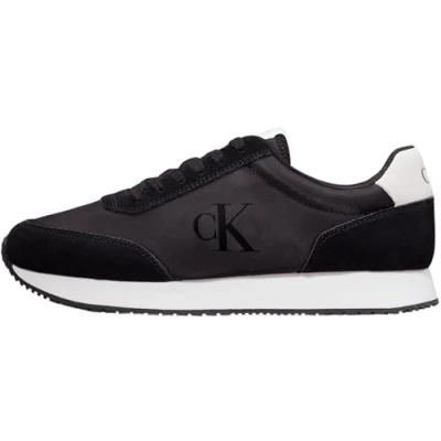 Image of Calvin Klein Jeans Retro Runner Iconic Trainers, Men&#039;s, Size: 10.5, Black/bright white Leather and textile