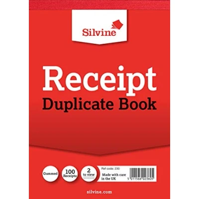 Image of Silvine Duplicate Receipt Book, Cheque Book Style 40 Receipts per Book,Red,80 x 202mm