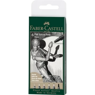 Image of Faber Castell Art &amp; Graphic Pitt Artist Pen India Ink Pen, Black, Wallet Of 6, For Art, Craft, Drawing, Sketching, Home, School, University, Colouring