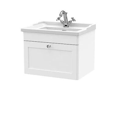 Image of nuie CLC194F Classique Wall Hung 1 Drawer Vanity Unit &amp; Tap Hole Ceramic Basin, 600mm, Satin White