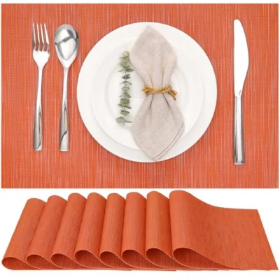 Image of Myir JUN Table Mats Set of 8, Place Placemats Washable Non slip Heat Insulation Woven Vinyl for Kitchen Dinning Restaurant 18&quot;X12&quot; (Orange)