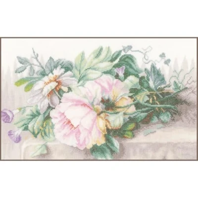 Image of Lanarte Counted Cross Stitch KIT Flowers in TEAPOT (Linen)
