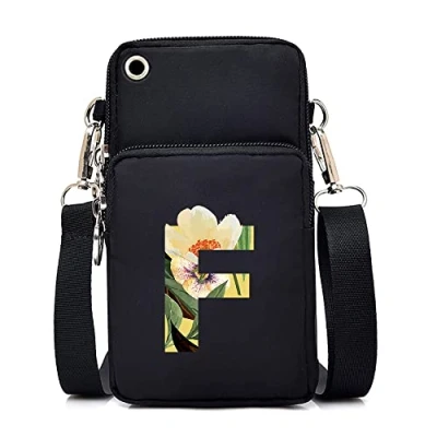 Image of FINDING CASE initial letter Printed Women Girls men Zipper Waterproof Nylon 3 Layers Crossbody Bags Wallet Cellphone Purse Shoulder Bag Wristlet Handbags Adjustable Strap (floral F)