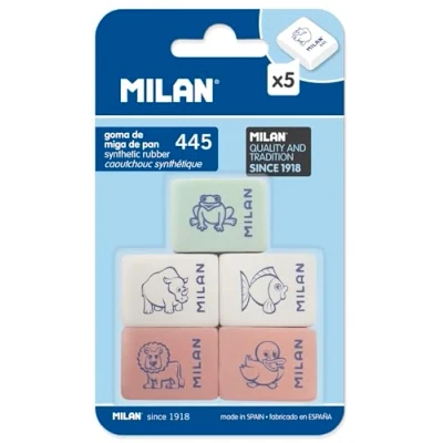 Image of Milan BMM9222 Pack of 5 rubber flexible erasers, assorted figurines model