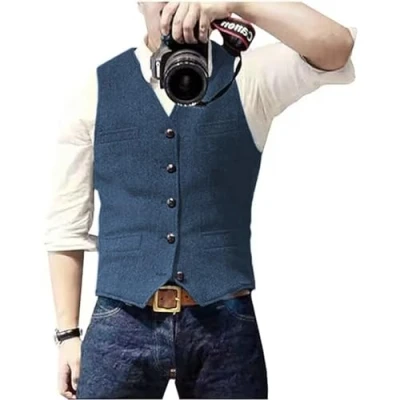 Image of Solovedress Mens Vintage Waistcoat Tweed Wool Regular Fit Suit Vest for Wedding Groomsmen(Light Blue,M)