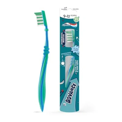 Image of Aquafresh Advance Kids toothbrush. Developed by dental experts for children aged 9 12 years old. In plastic free packaging. Soft interdental bristles