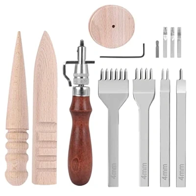 Image of Leather Craft Hand Tools Kit Working Set incl. Groover 4pcs Hole Prong Punches 3pcs Edge Polisher Tool