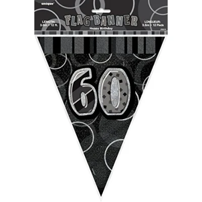 Image of Unique Party 55317 12ft Foil Glitz Black 60th Birthday Bunting Flags