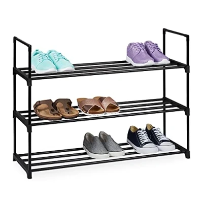 Image of relaxdays plug rack, metal organiser, storage, 3 tiers for 12 pairs of shoes, 67 x 90,5 30,5, black, Steel, Ebenen