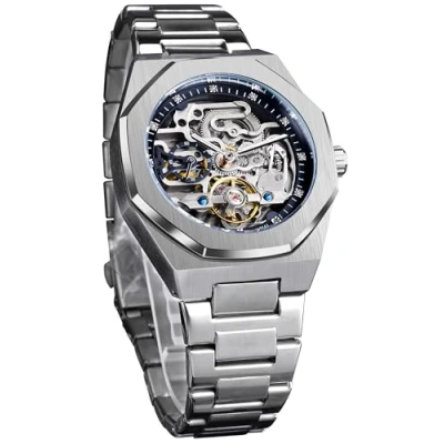 Image of Forsining Fashion Automatic Mechanical Wristwatch Luxury Diamond Tourbillon Skeleton Watches for Men Silver Stainless Steel Male Clock