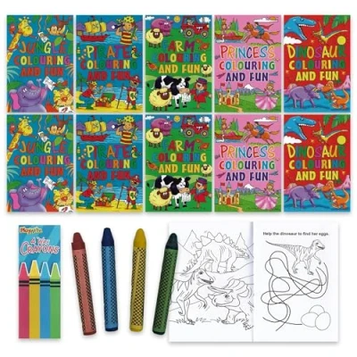 Image of ihoot Colouring &amp; Fun Bundle Party Bag Fillers for Kids 10x A6 Activity Books and Packs of Crayons Book Kids, Christmas Stocking