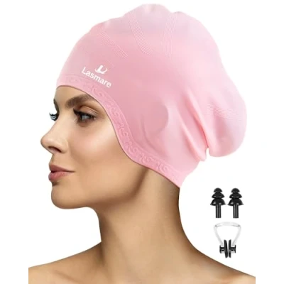 Image of Lasmare Long Hair Swimming Cap Women Men with 3D Ear Protection, Silicone Hat to Keep Dry, Waterproof Adult Bathing Caps Plugs &amp; Nose Clip(Pink)