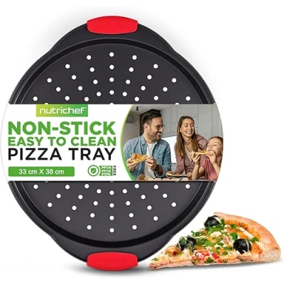 Image of NutriChef Non Stick Pizza Tray with Silicone Handle, Round Steel Pan Perforated Holes, Premium Bakeware, and Oversized Dishwasher Safe