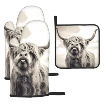 Image of Chrysm Funny Highland Cow Oven Mitts and Potholders BBQ Gloves Holders for Cooking Baking (3 Piece Set)