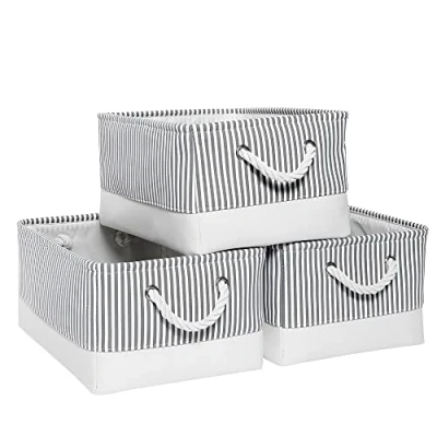 Image of Mangata Fabric Storage Boxes, Large Baskets 41x31x20cm with Rope Handles, 3 Pack (Grey Stripe, Large)