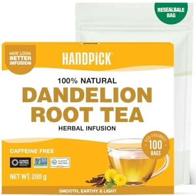 Image of HANDPICK, Dandelion Root &amp; Leaf Tea Bags (100 Herbal Bags) Caffeine Free Blend Eco Conscious Teabags Direct from Source