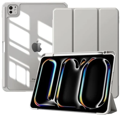 Image of TiMOVO for iPad Pro 11 inch (M4) Case 2024 with Pencil Holder, Slim Stand Protective Cover Clear Transparent Back Shell Tablet, Support Auto Wake/Sleep, Light Gray