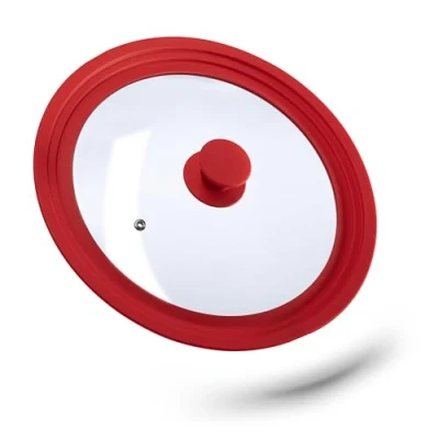 Image of Relaxdays Saucepan Lid Universal, Glass Cover, Stepped Silicone Rim, Pots &amp; Pans 26 30 cm, 5 x 31.5 Red
