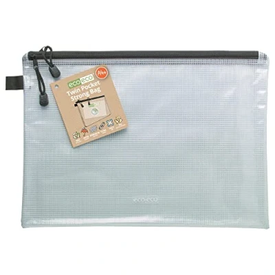 Image of eco A4 95% Recycled Twin Pocket Super Strong Bag, Waterproof Mesh Tuff Reinforced, Black Zip Closure, 2 Pockets
