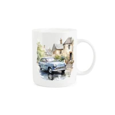 Image of Purely Home Vintage Car Mug Painted Watercolour Blue Classic Ford Village Gift Present Tea Coffee White Bone China