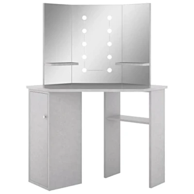Image of vidaXL Modern Corner Dressing Table LED Illuminated, 3 Panel Mirror, Additional Shelves, in Concrete Grey Storage Smart Solution for Bedroom
