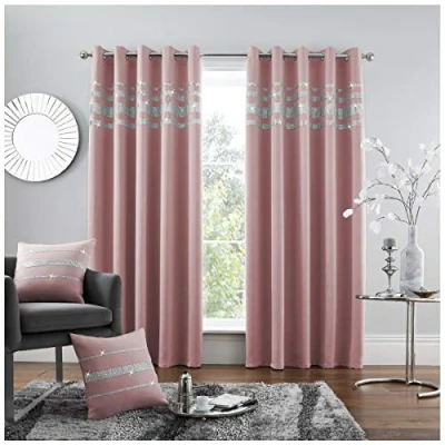 Image of GC GAVENO CAVAILIA Blackout Curtains For Bedroom, Diamante Eyelet Curtains, Window Curtain Tie Backs, Blush Pink, 90x90