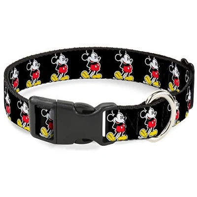 Image of Buckle Down Plastic Clip Collar Classic Mickey Mouse Pose Black 1&quot; Wide Fits 11 17&quot; Neck Medium