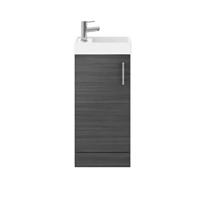 Image of Nuie Modern Bathroom Cloakroom Compact Single Soft Close Door Floor Standing Vanity Unit with 1 Tap Hole Ceramic Basin, 400mm, Woodgrain Anthracite, MFC Manufactured Wood, WoodgrainAnthracite, Large