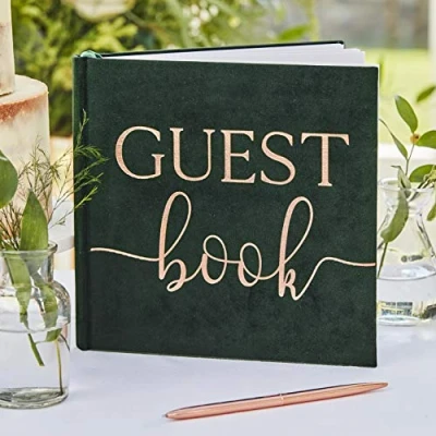 Image of Ginger Ray Botanical Wedding Green Velvet Bronze Foiled Guest Book, paper