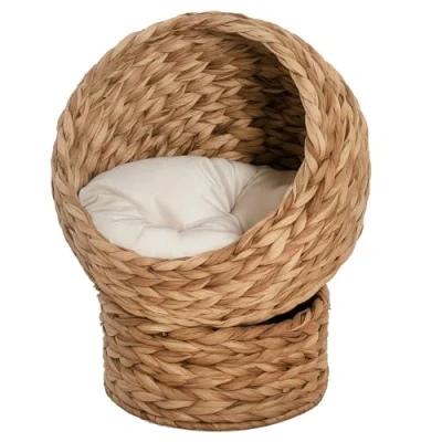 Image of PawHut Wicker Cat House, Raised Bed with Cylindrical Base, Soft Washable Cushion, Woven Water Hyacinth Basket for Indoor and Outdoor, 42 x 33 52 cm Brown