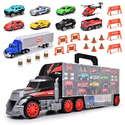 Image of Dickie Toys 203749023 Case, Truck with Carry Handle Including 7 Toy Cars and Helicopter &amp; Accessories, 62 cm, from 3 Years, Multicoloured, 65 x 13 cm Amazon Exclusive