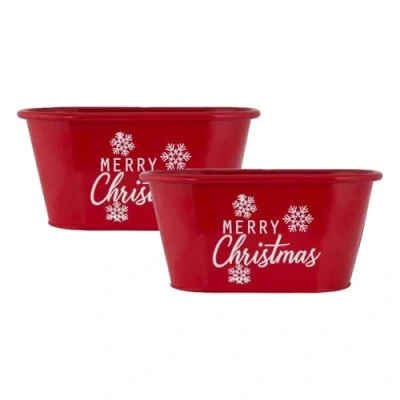 Image of Fyne Finds Metal Merry Christmas Red Plant Pots Pail Planters Troughs Xmas Snowflakes Themed (2)