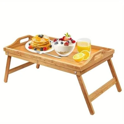 Image of Aggloz Bamboo Bed Tray Table With Handles &amp; Foldable Legs, Multipurpose Lap For Breakfast In Bed, Sofa, Eating, Platters, Working, Serving, Drawing, Laptop Stand Snack